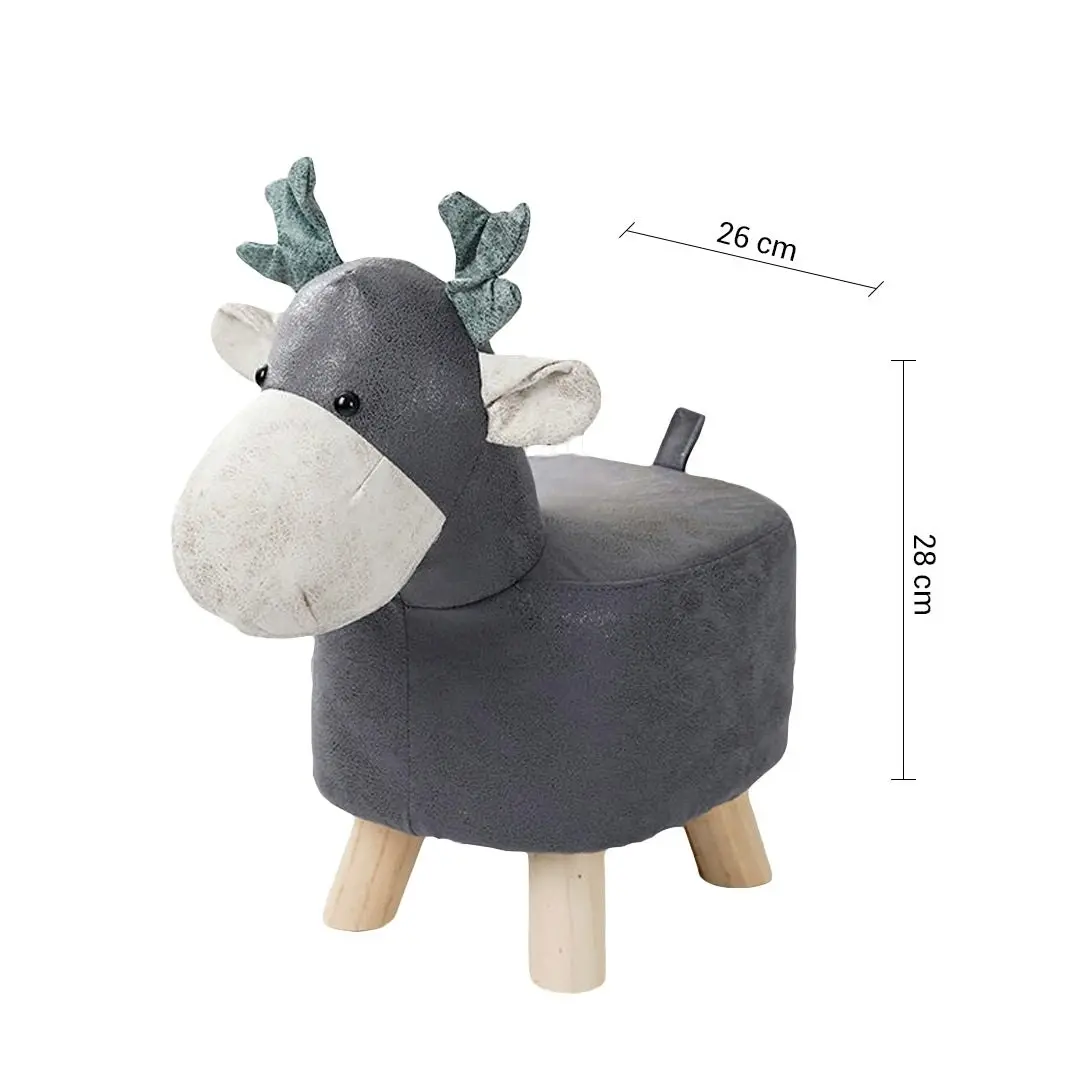 Soga Grey Children Bench Deer Character Round Ottoman Stool Soft Small Comfy Seat Home Decor