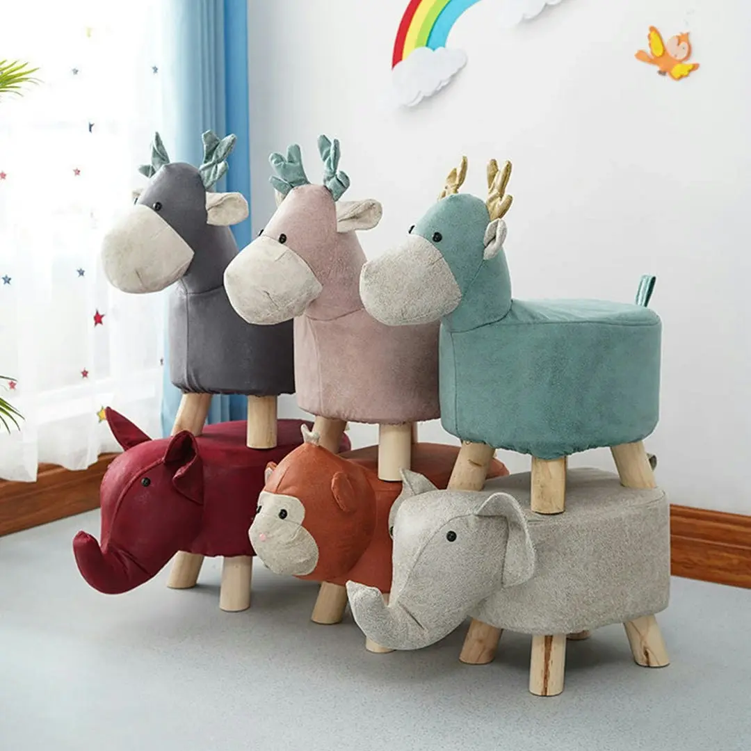 Soga Grey Children Bench Deer Character Round Ottoman Stool Soft Small Comfy Seat Home Decor