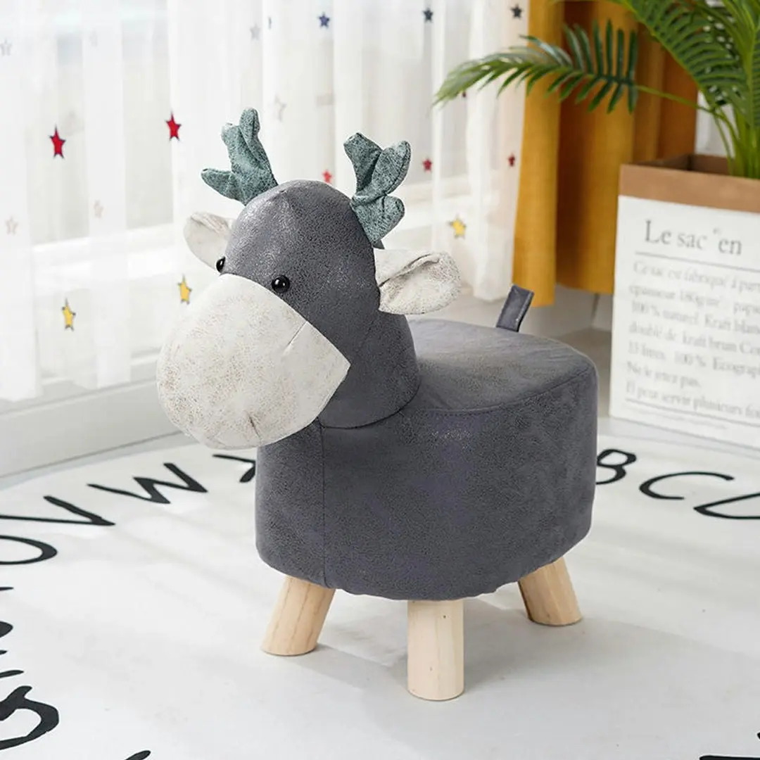 Soga Grey Children Bench Deer Character Round Ottoman Stool Soft Small Comfy Seat Home Decor