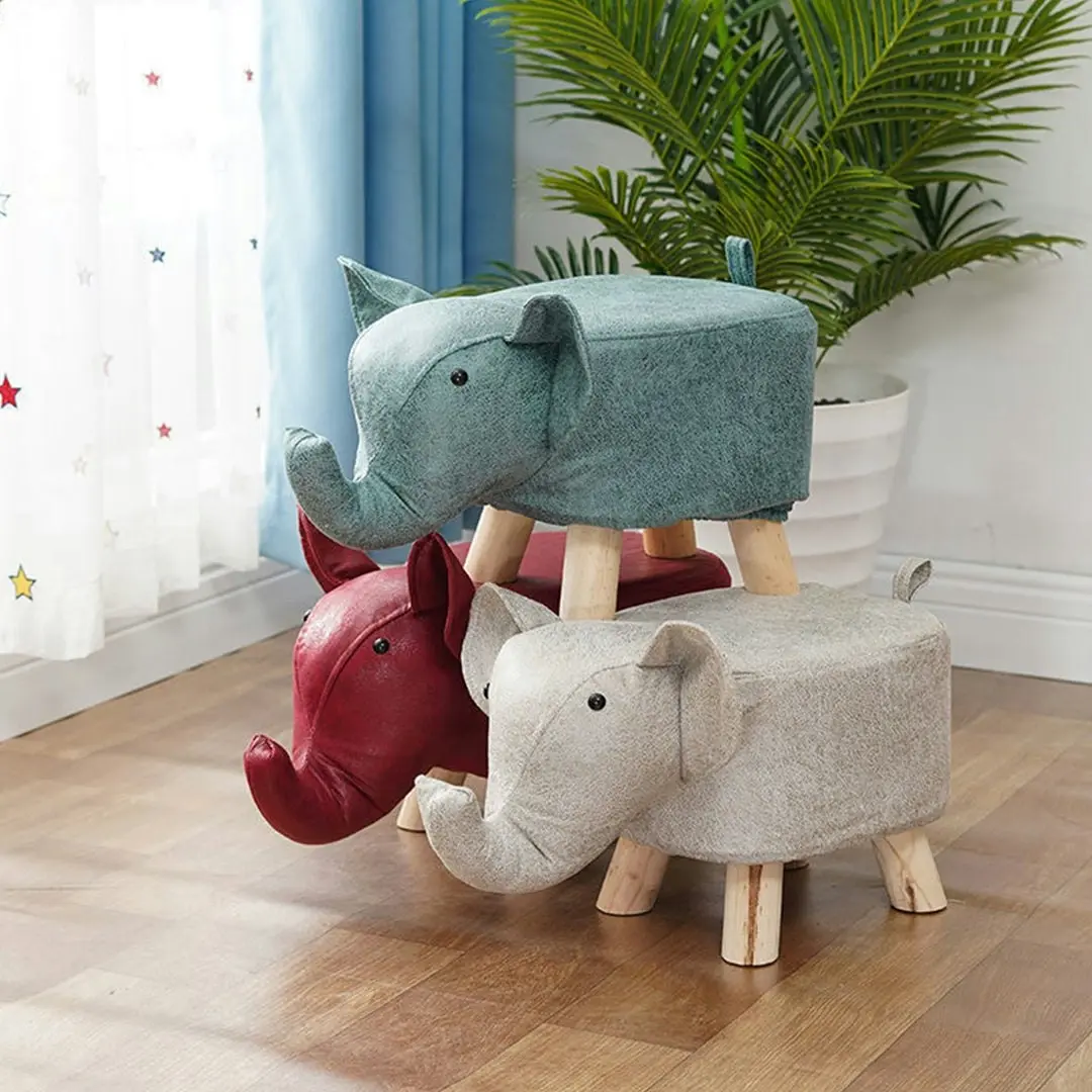 Soga Red Children Bench Elephant Character Round Ottoman Stool Soft Small Comfy Seat Home Decor