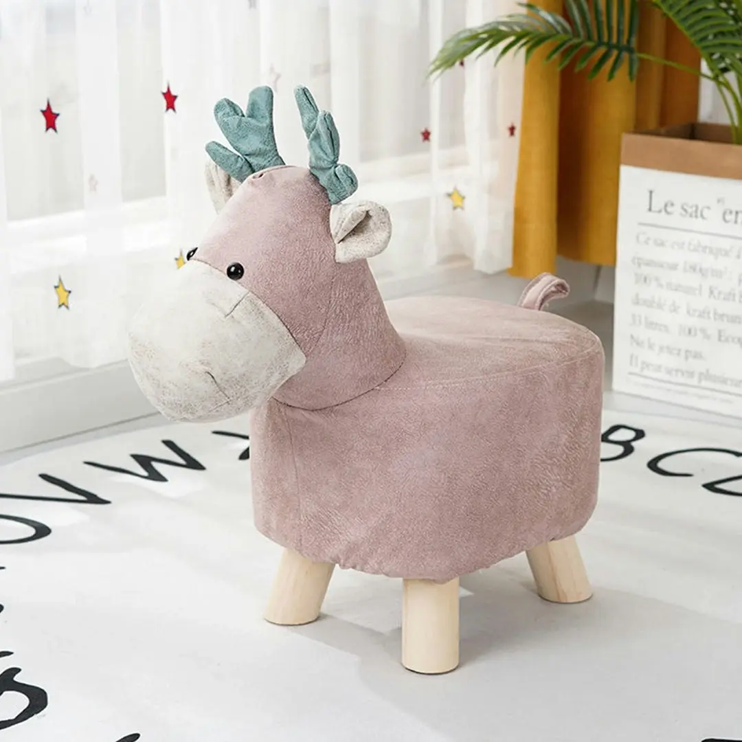 Soga Pink Children Bench Deer Character Round Ottoman Stool Soft Small Comfy Seat Home Decor