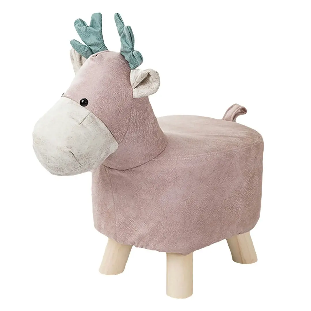 Soga Pink Children Bench Deer Character Round Ottoman Stool Soft Small Comfy Seat Home Decor