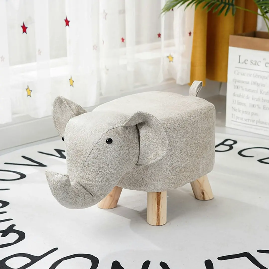 Soga Beige Children Bench Elephant Character Round Ottoman Stool Soft Small Comfy Seat Home Decor