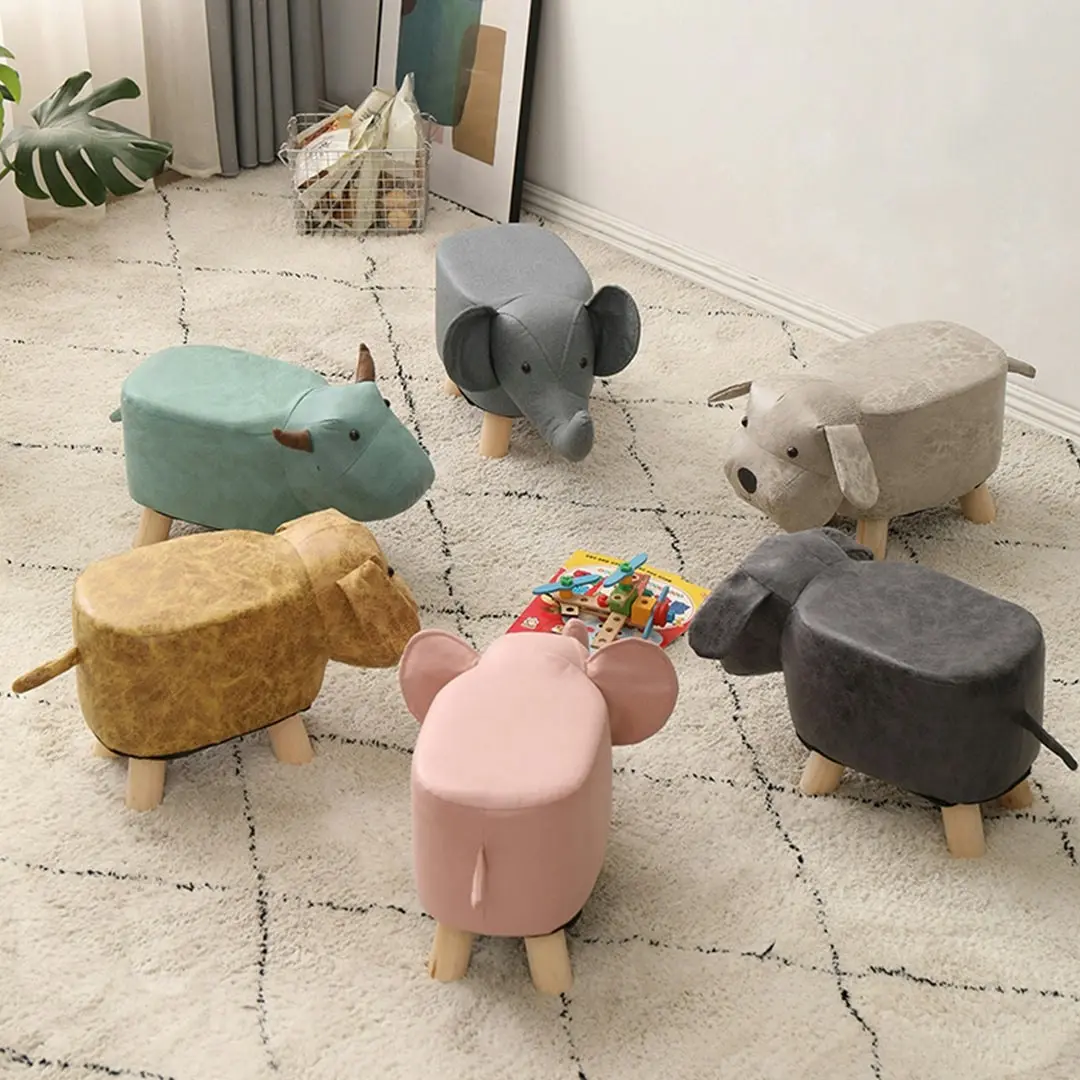 Soga Beige Children Bench Elephant Character Round Ottoman Stool Soft Small Comfy Seat Home Decor