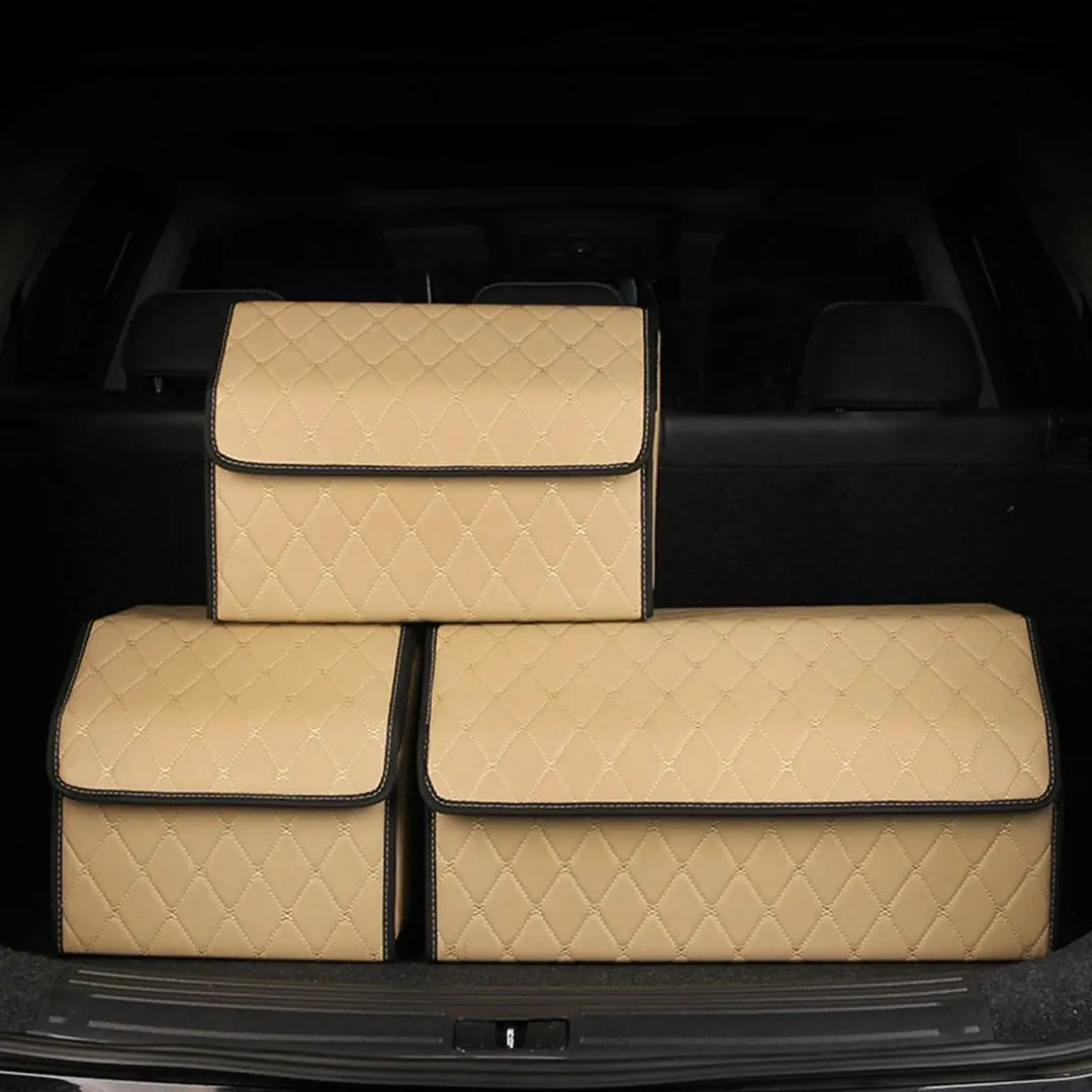 Soga Leather Car Boot Collapsible Foldable Trunk Cargo Organizer Portable Storage Box Beige/Gold Stitch Large