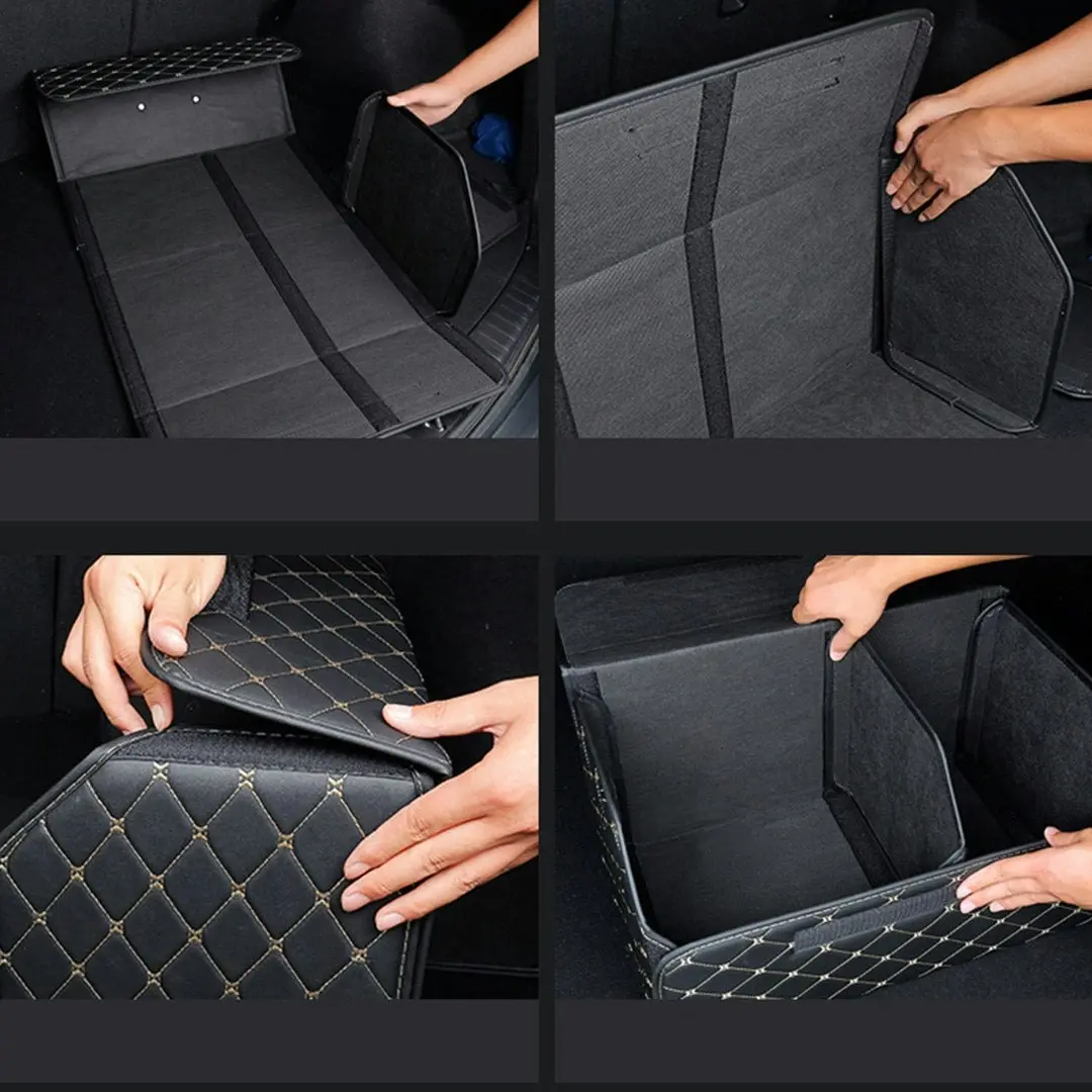 Soga Leather Car Boot Collapsible Foldable Trunk Cargo Organizer Portable Storage Box Black/Gold Stitch Medium