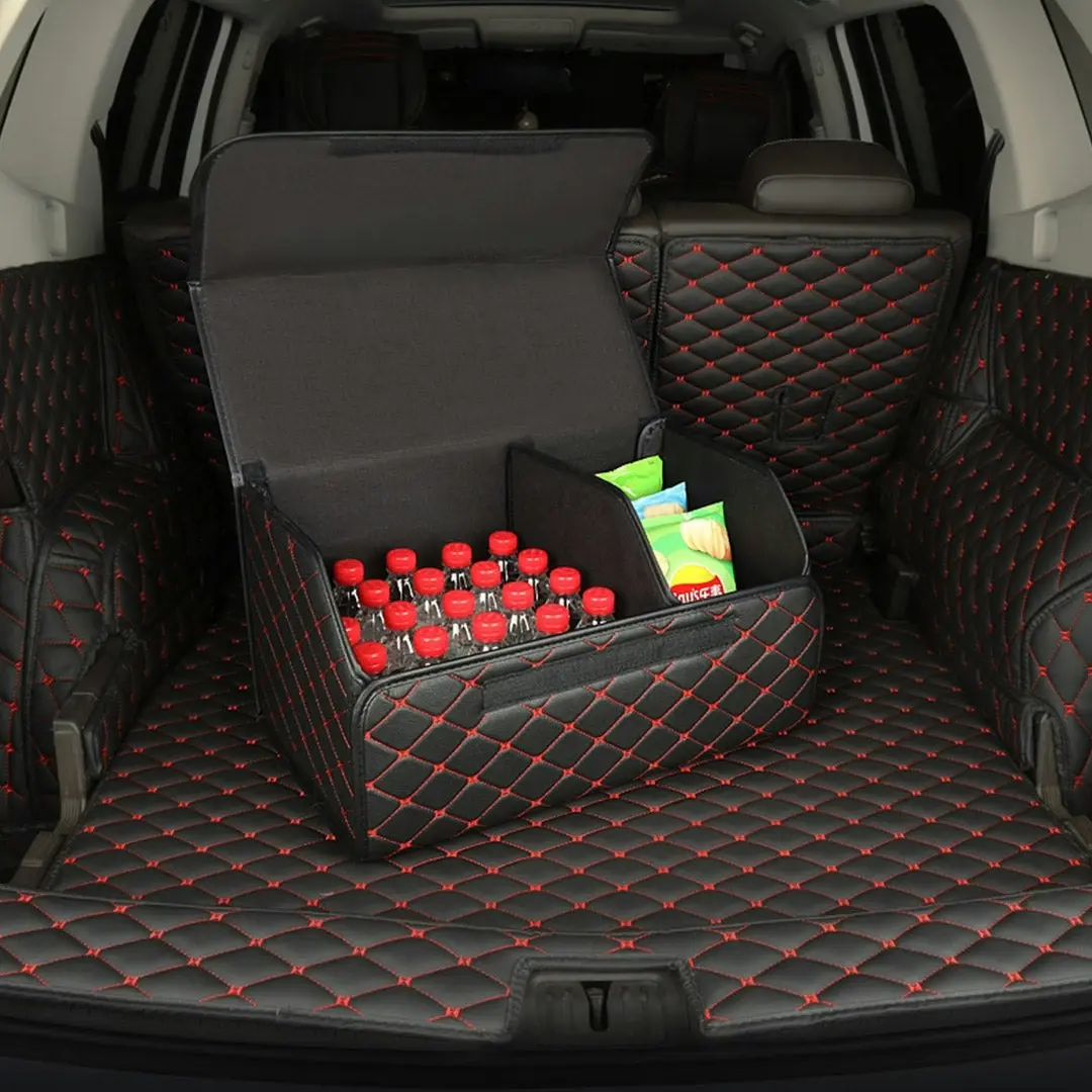 Soga Leather Car Boot Collapsible Foldable Trunk Cargo Organizer Portable Storage Box Black/Red Stitch Medium