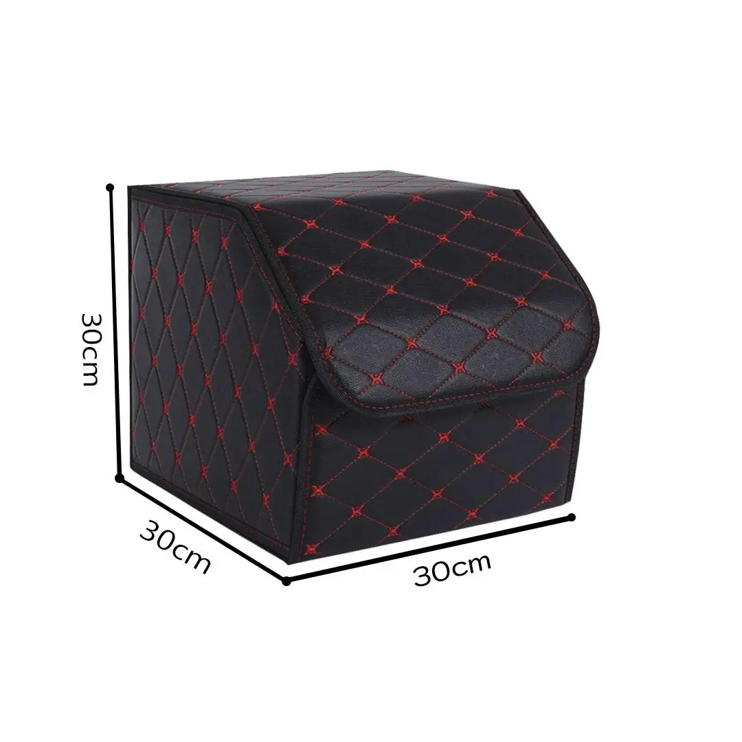 Soga Leather Car Boot Collapsible Foldable Trunk Cargo Organizer Portable Storage Box Black/Red Stitch Small