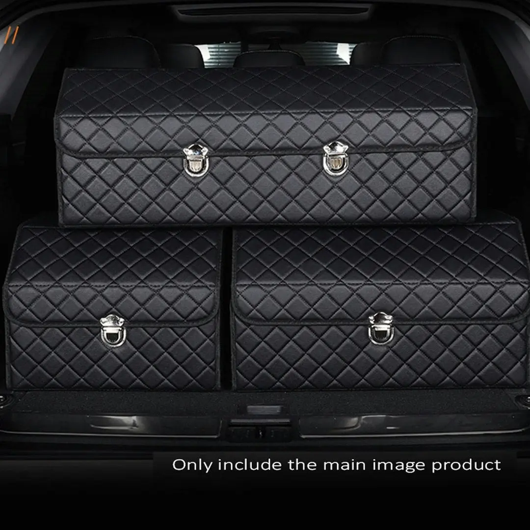 Soga Leather Car Boot Collapsible Foldable Trunk Cargo Organizer Portable Storage Box Black/White Stitch with Lock Medium