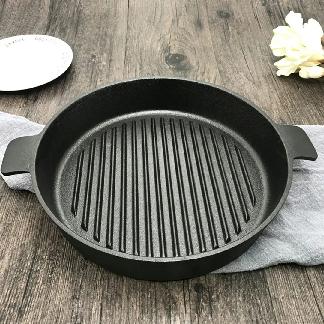 Soga 25cm Round Ribbed Cast Iron Frying Pan Skillet Steak Sizzle Platter with Handle