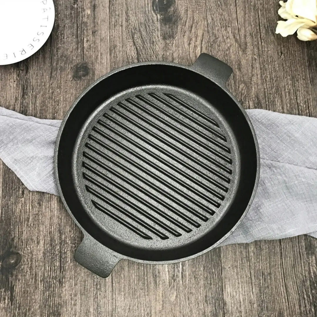 Soga 25cm Round Ribbed Cast Iron Frying Pan Skillet Steak Sizzle Platter with Handle