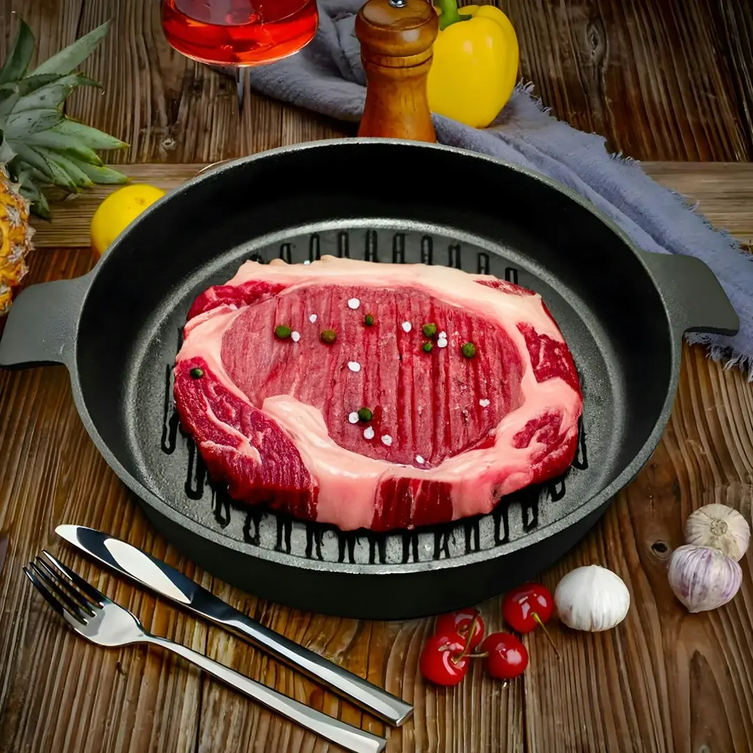 Soga 25cm Round Ribbed Cast Iron Frying Pan Skillet Steak Sizzle Platter with Handle