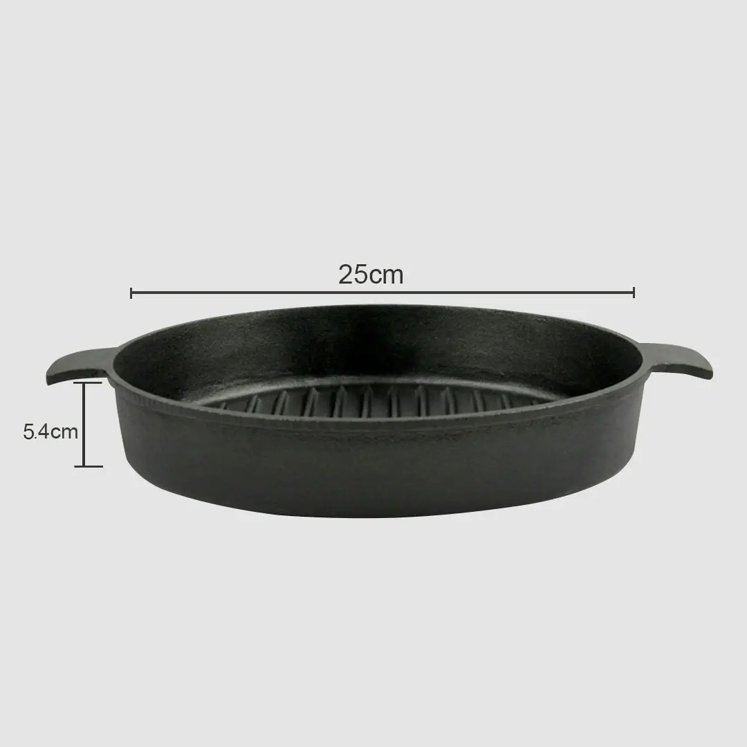 Soga 25cm Round Ribbed Cast Iron Frying Pan Skillet Steak Sizzle Platter with Handle