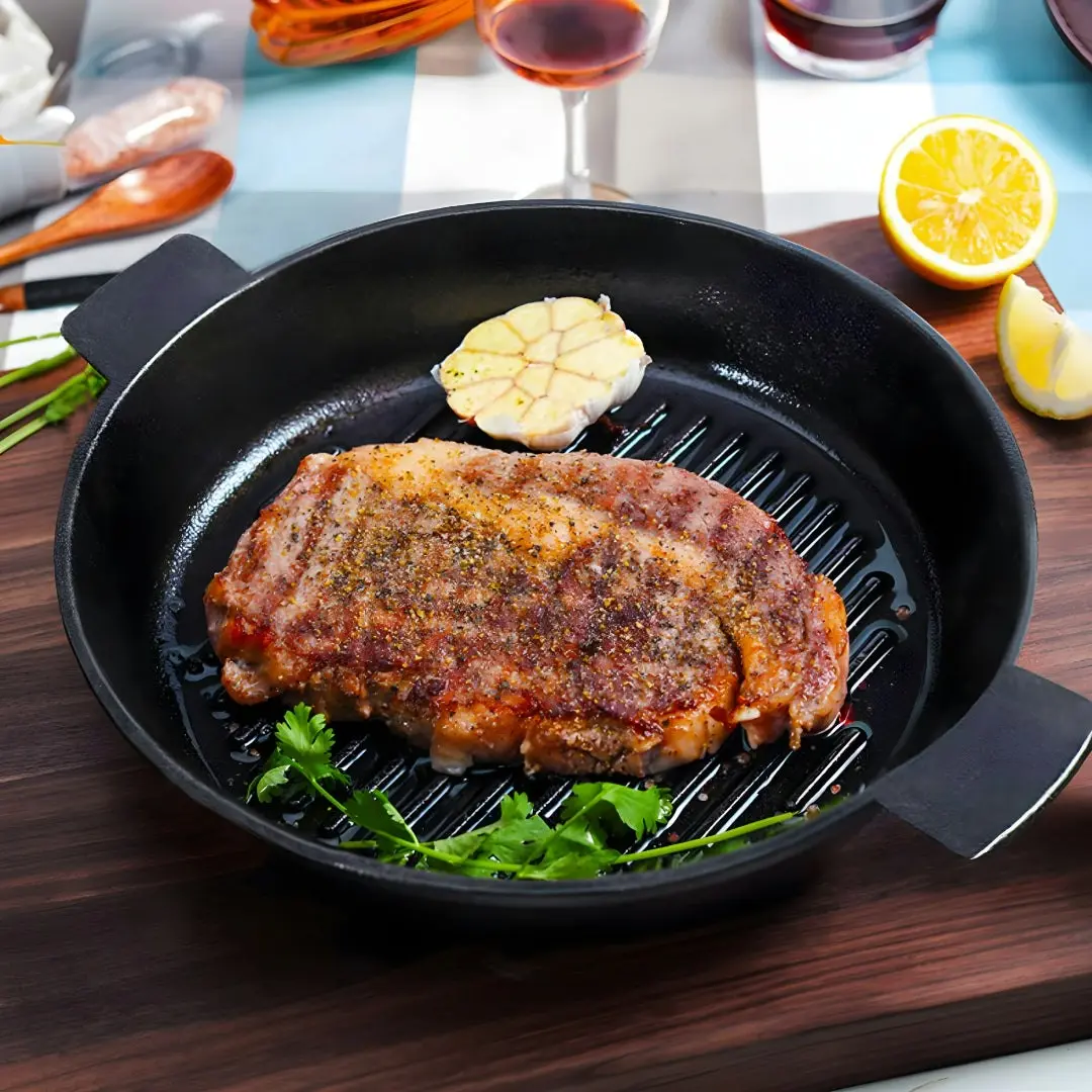 Soga 25cm Round Ribbed Cast Iron Frying Pan Skillet Steak Sizzle Platter with Handle