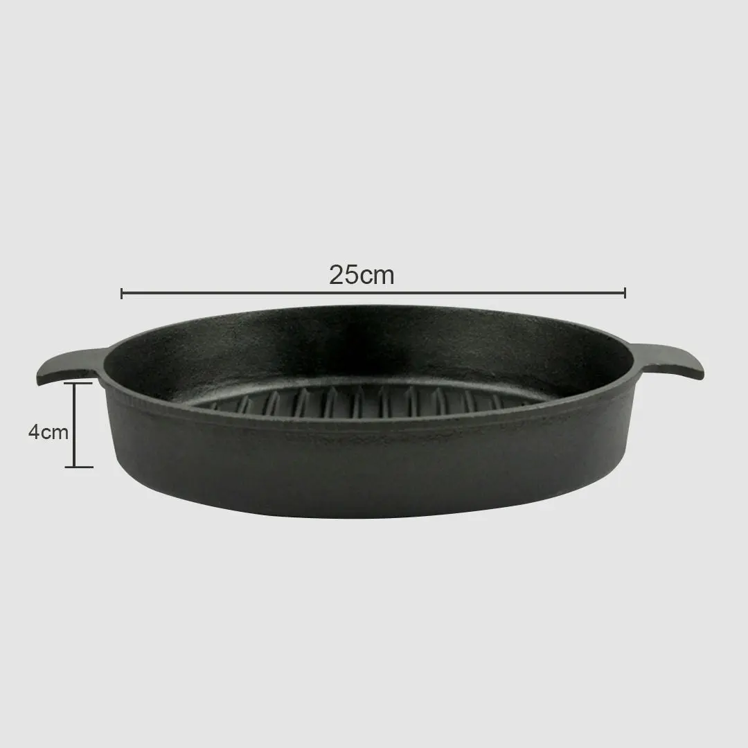 Soga 25cm Round Ribbed Cast Iron Frying Pan Skillet Steak Sizzle Platter with Handle