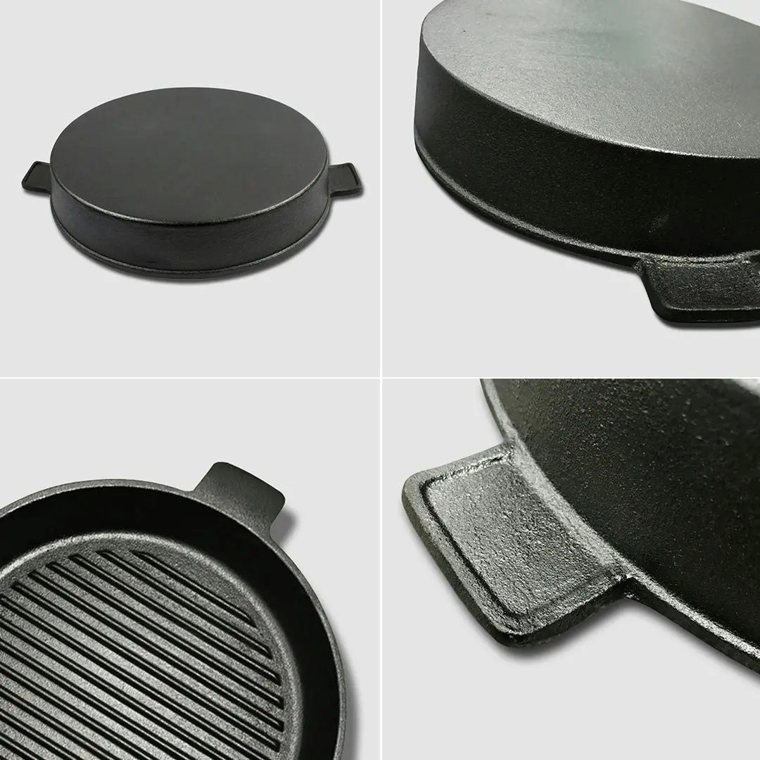 Soga 25cm Round Ribbed Cast Iron Frying Pan Skillet Steak Sizzle Platter with Handle