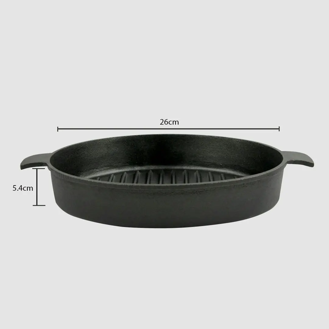 Soga 26cm Round Ribbed Cast Iron Frying Pan Skillet Steak Sizzle Platter with Handle