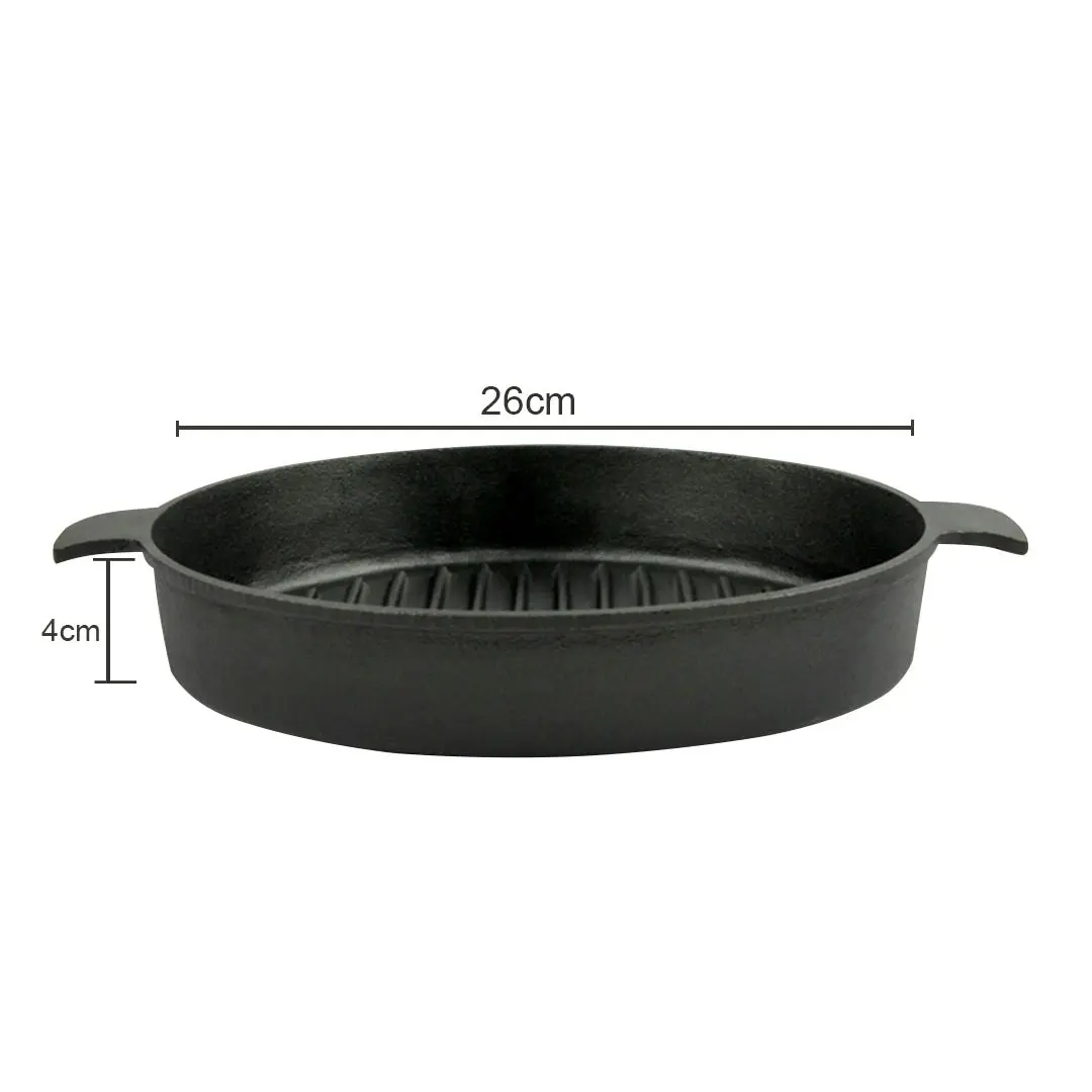 Soga 26cm Round Ribbed Cast Iron Frying Pan Skillet Steak Sizzle Platter with Handle