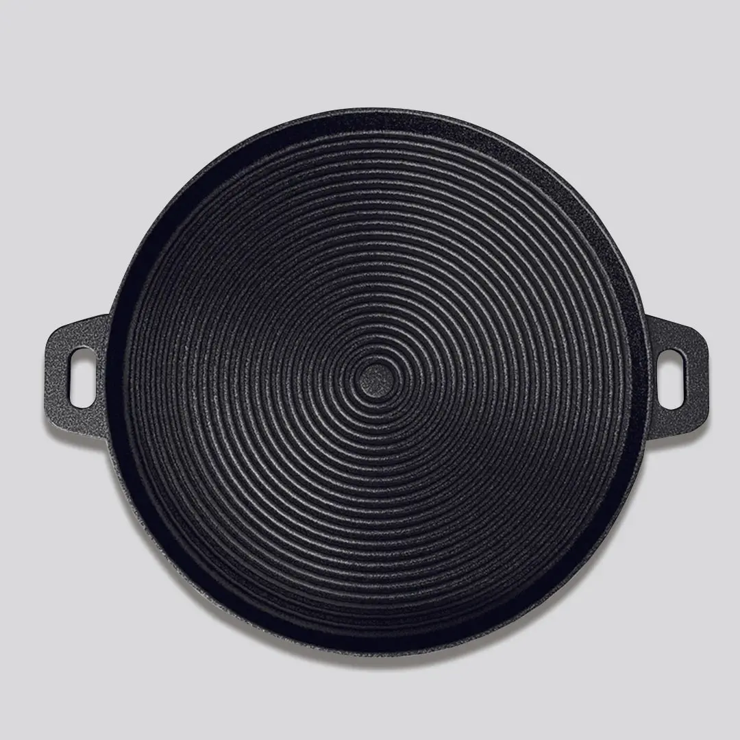 Soga 35cm Round Ribbed Cast Iron Frying Pan Skillet Steak Sizzle Platter with Handle