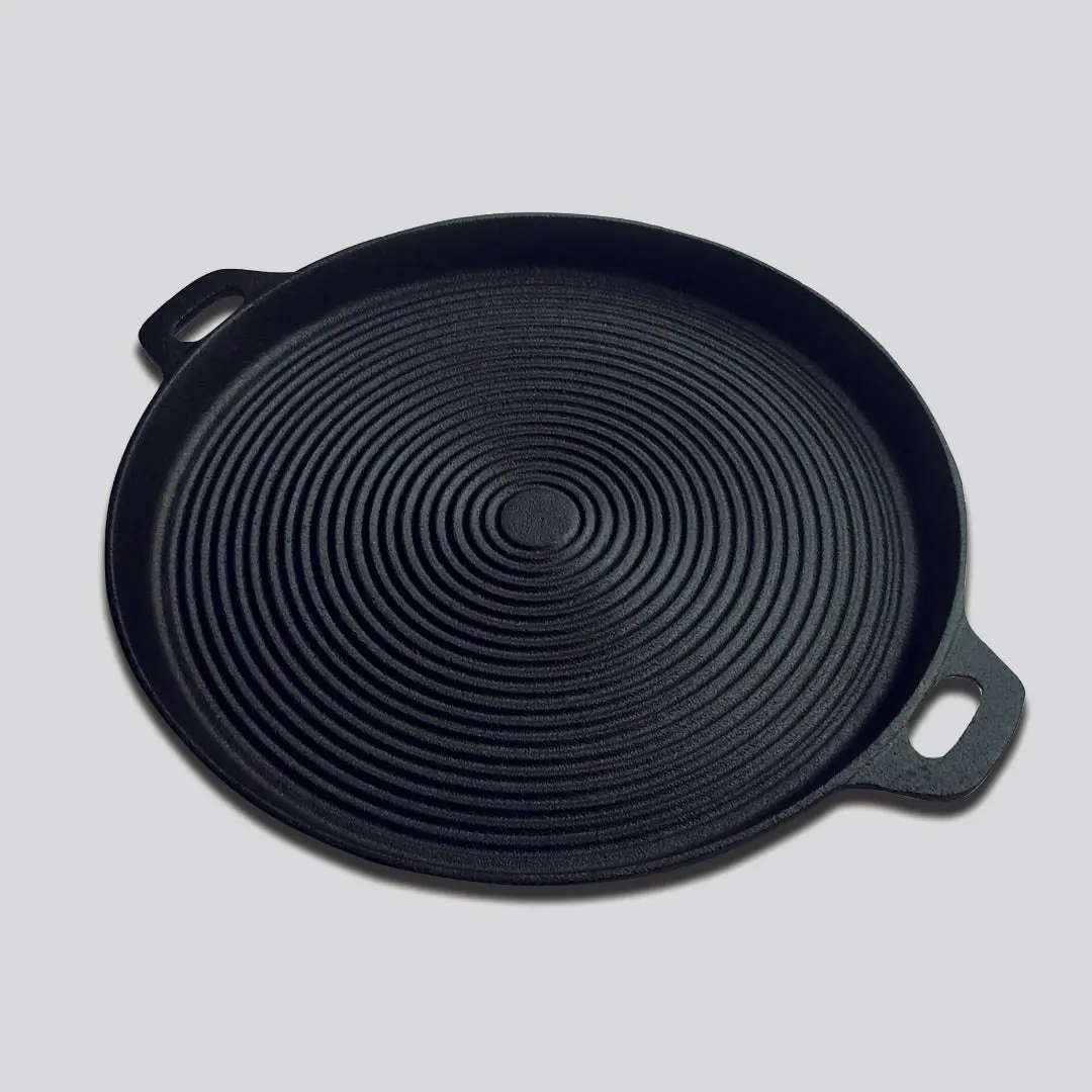 Soga 35cm Round Ribbed Cast Iron Frying Pan Skillet Steak Sizzle Platter with Handle