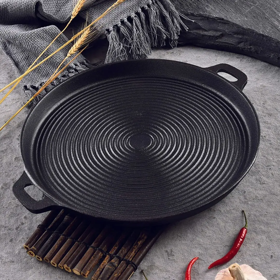 Soga 35cm Round Ribbed Cast Iron Frying Pan Skillet Steak Sizzle Platter with Handle