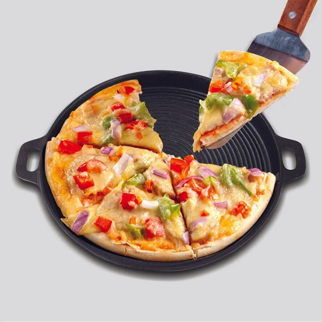 Soga 35cm Round Ribbed Cast Iron Frying Pan Skillet Steak Sizzle Platter with Handle