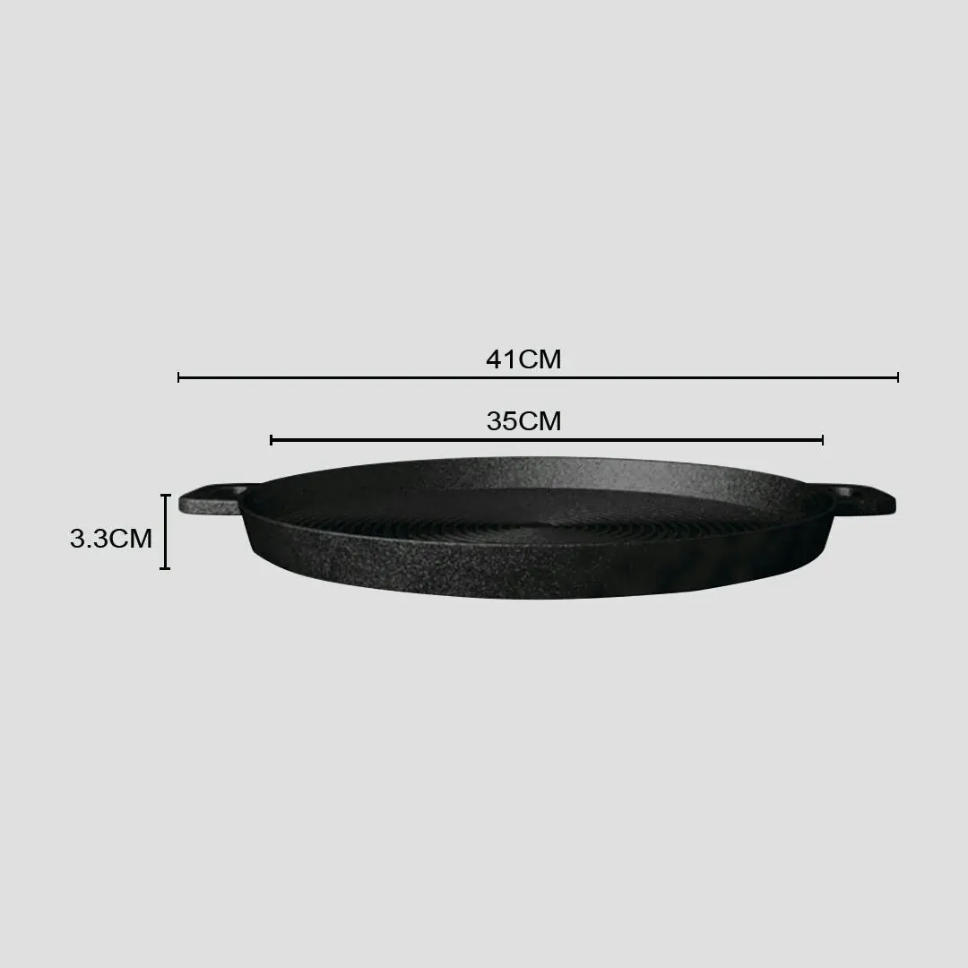 Soga 35cm Round Ribbed Cast Iron Frying Pan Skillet Steak Sizzle Platter with Handle