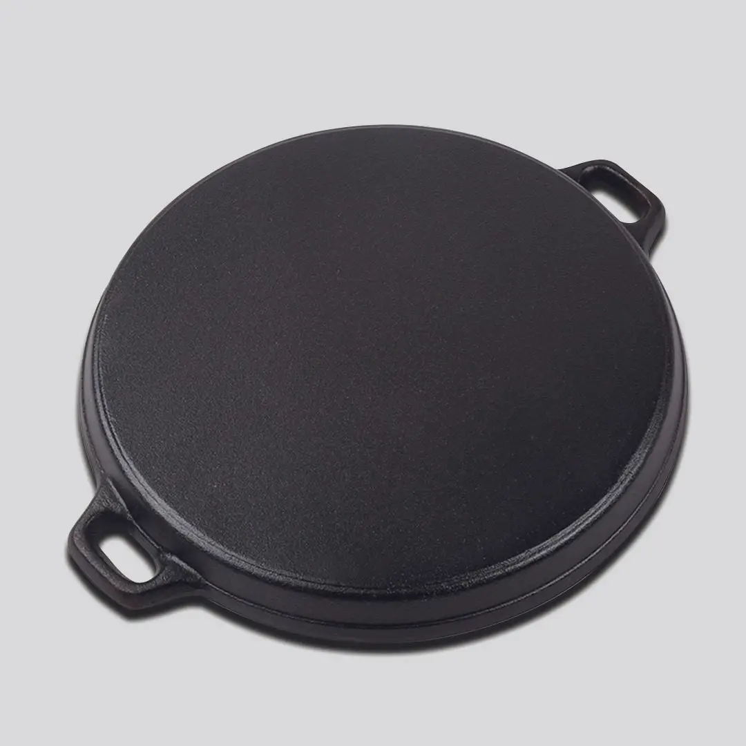 Soga 35cm Round Ribbed Cast Iron Frying Pan Skillet Steak Sizzle Platter with Handle