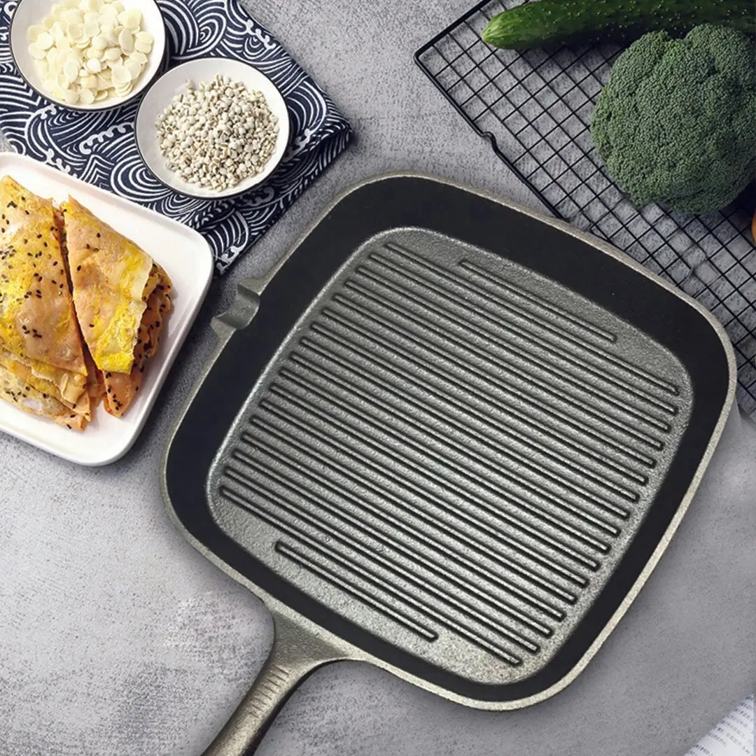 Soga 23.5cm Square Ribbed Cast Iron Frying Pan Skillet Steak Sizzle Platter with Handle