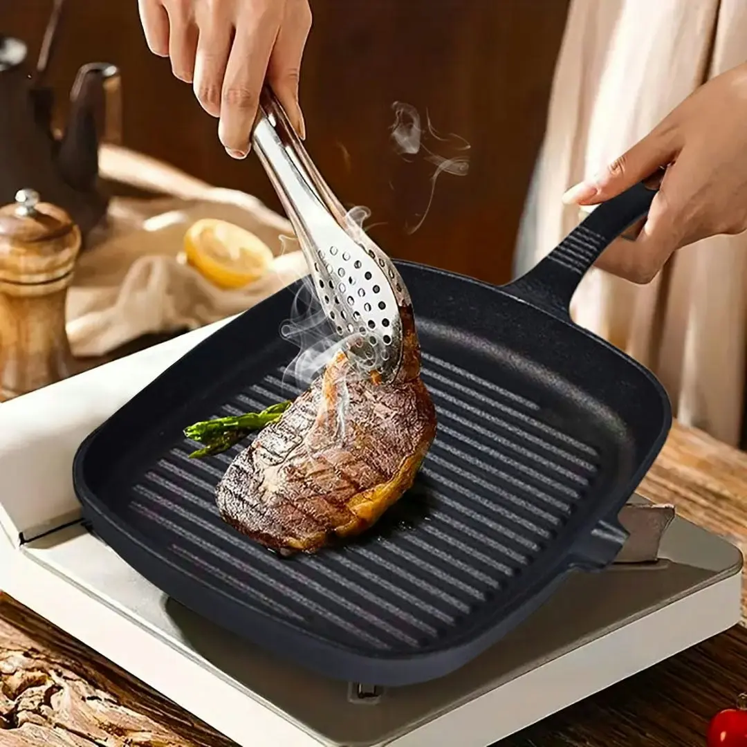 Soga 23.5cm Square Ribbed Cast Iron Frying Pan Skillet Steak Sizzle Platter with Handle