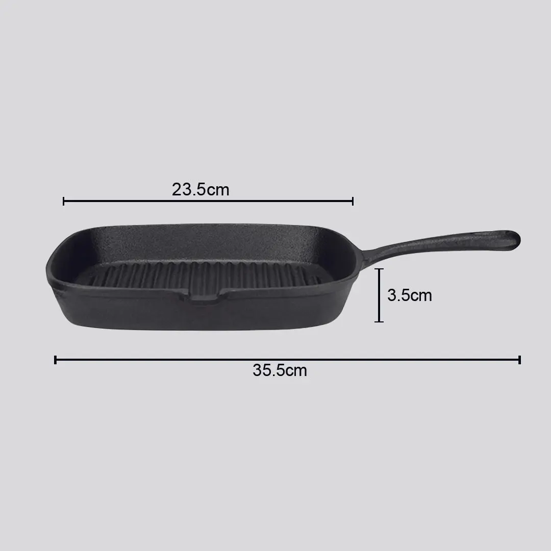 Soga 23.5cm Square Ribbed Cast Iron Frying Pan Skillet Steak Sizzle Platter with Handle