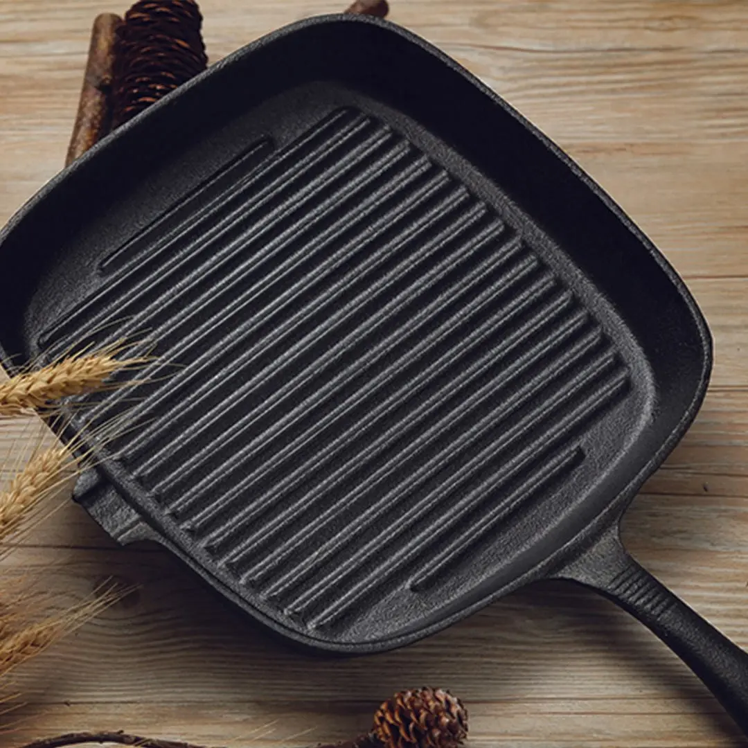 Soga 23.5cm Square Ribbed Cast Iron Frying Pan Skillet Steak Sizzle Platter with Handle