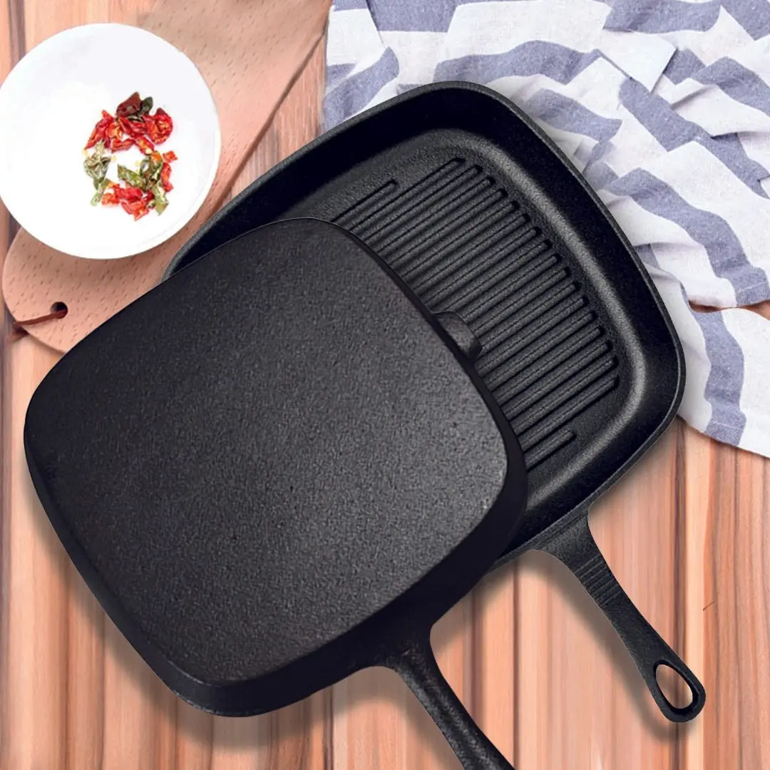 Soga 23.5cm Square Ribbed Cast Iron Frying Pan Skillet Steak Sizzle Platter with Handle