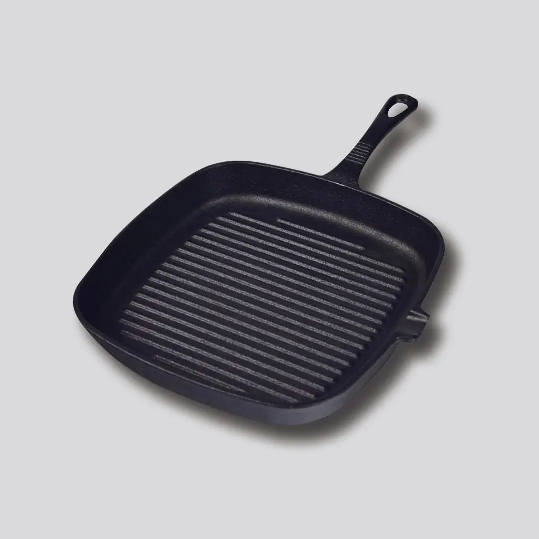 Soga 23.5cm Square Ribbed Cast Iron Frying Pan Skillet Steak Sizzle Platter with Handle