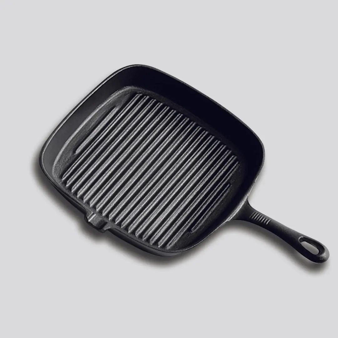 Soga 23.5cm Square Ribbed Cast Iron Frying Pan Skillet Steak Sizzle Platter with Handle