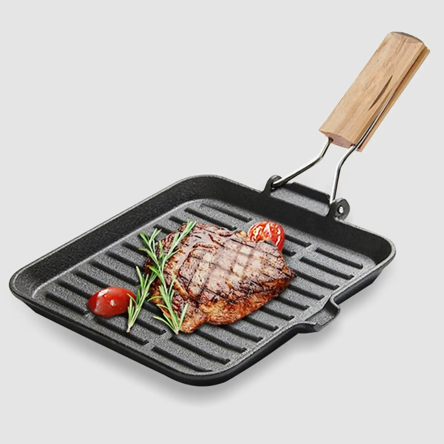 Soga 28cm Ribbed Cast Iron Square Steak Frying Grill Skillet Pan with Folding Wooden Handle