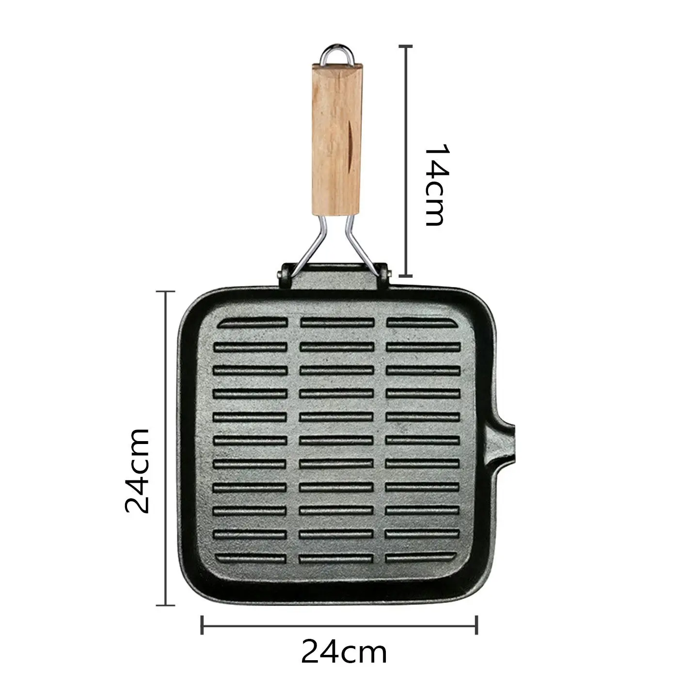 Soga 28cm Ribbed Cast Iron Square Steak Frying Grill Skillet Pan with Folding Wooden Handle