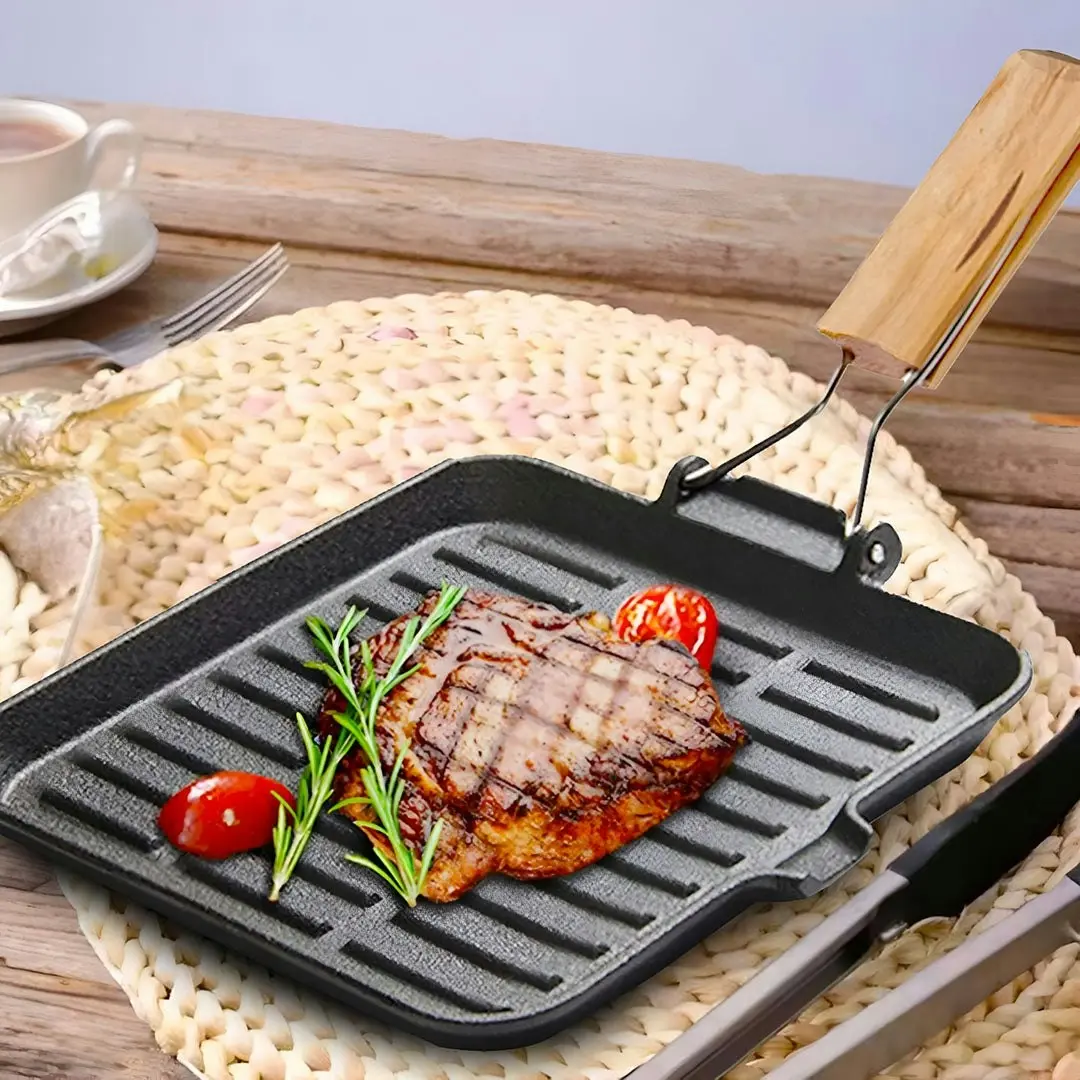 Soga 28cm Ribbed Cast Iron Square Steak Frying Grill Skillet Pan with Folding Wooden Handle