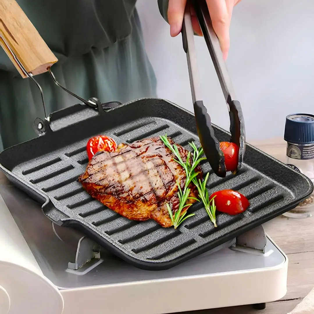 Soga 28cm Ribbed Cast Iron Square Steak Frying Grill Skillet Pan with Folding Wooden Handle