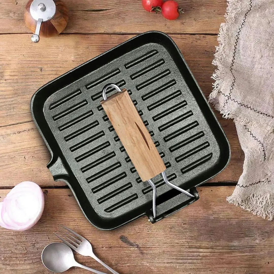 Soga 28cm Ribbed Cast Iron Square Steak Frying Grill Skillet Pan with Folding Wooden Handle