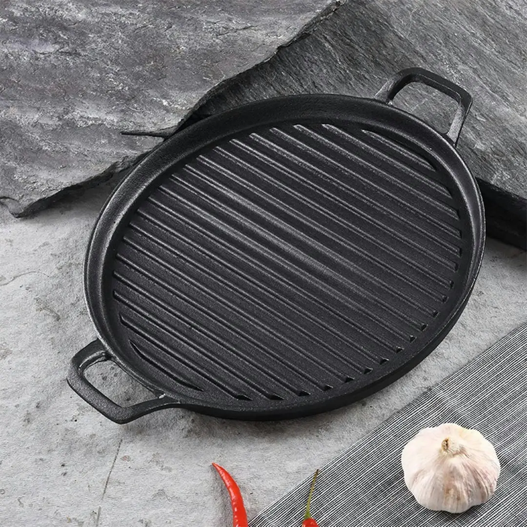 Soga 28cm Ribbed Cast Iron Frying Pan Skillet Coating Steak Sizzle Platter