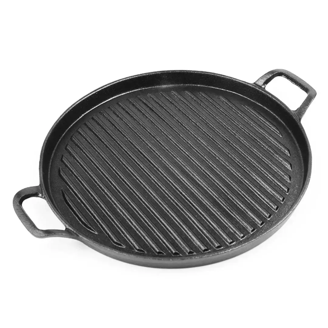 Soga 28cm Ribbed Cast Iron Frying Pan Skillet Coating Steak Sizzle Platter