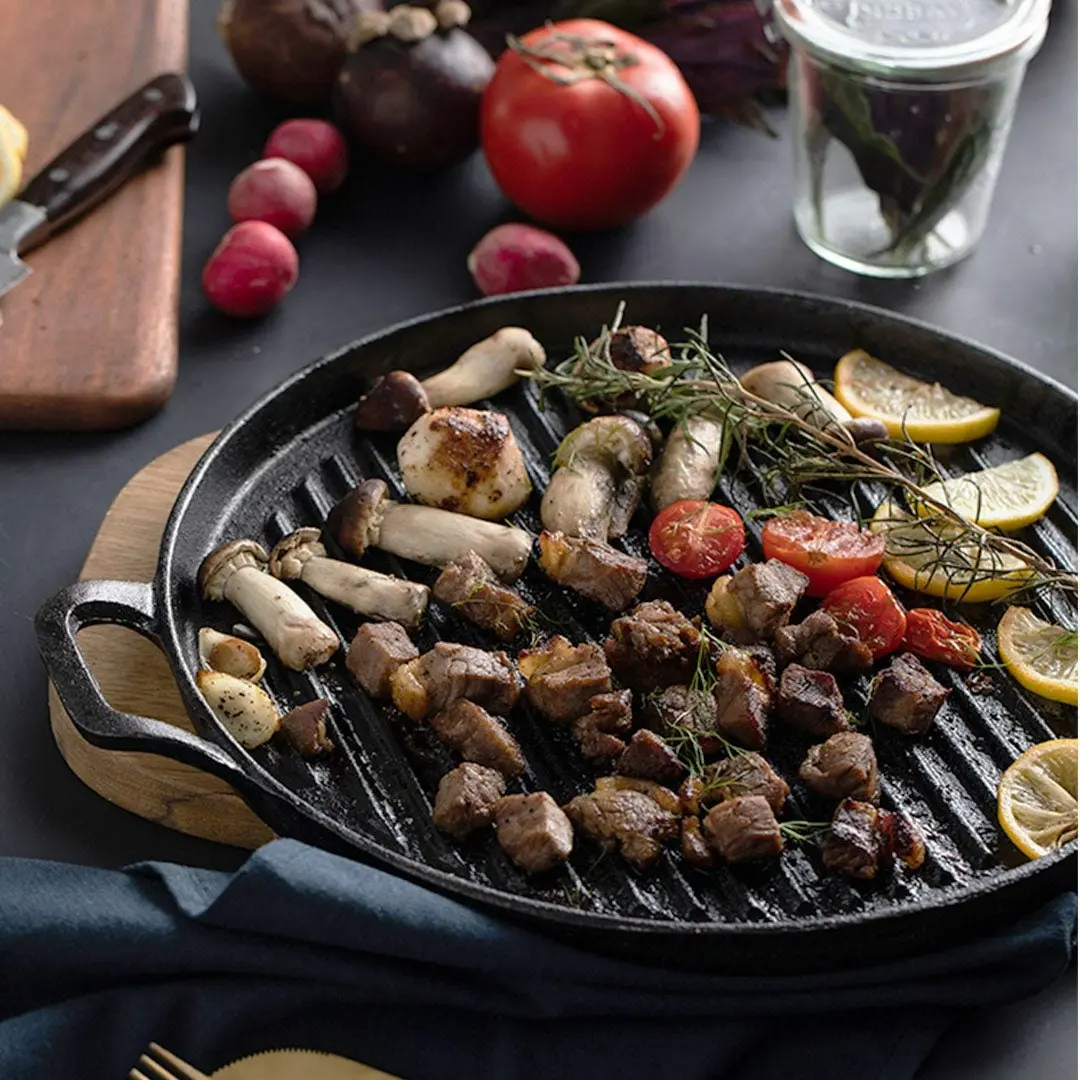 Soga 28cm Ribbed Cast Iron Frying Pan Skillet Coating Steak Sizzle Platter