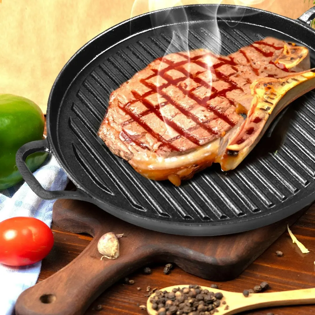 Soga 28cm Ribbed Cast Iron Frying Pan Skillet Coating Steak Sizzle Platter