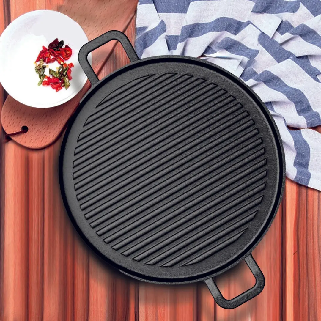 Soga 28cm Ribbed Cast Iron Frying Pan Skillet Coating Steak Sizzle Platter