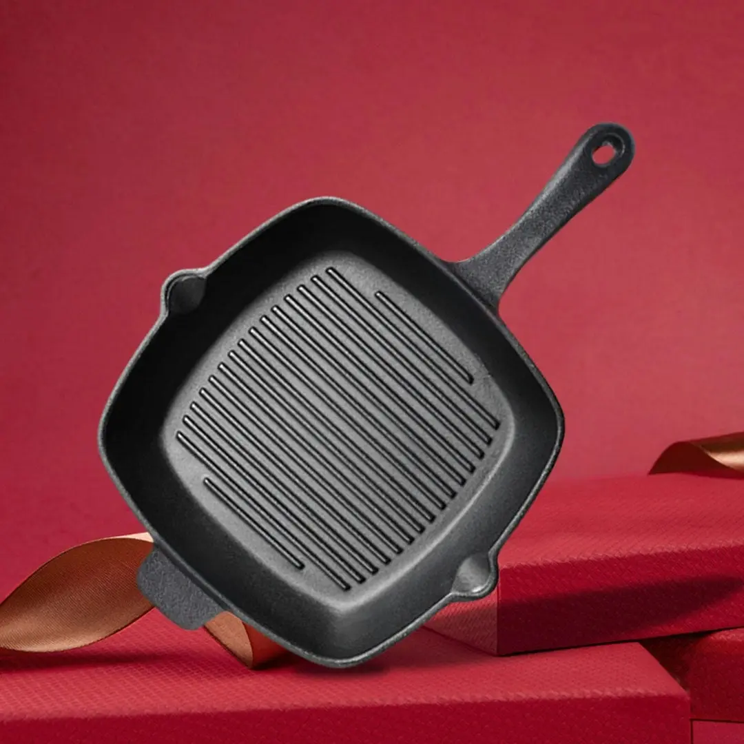 Soga 26cm Square Ribbed Cast Iron Frying Pan SkilletSteak Sizzle Platter with Handle