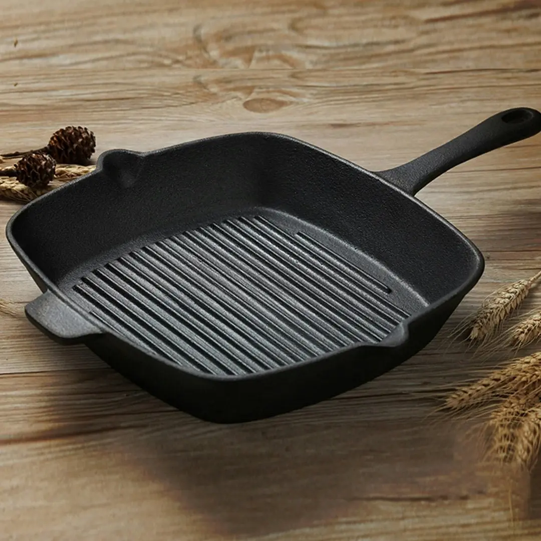 Soga 26cm Square Ribbed Cast Iron Frying Pan SkilletSteak Sizzle Platter with Handle