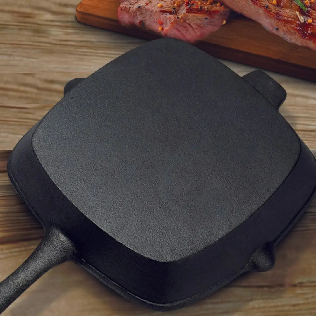 Soga 26cm Square Ribbed Cast Iron Frying Pan SkilletSteak Sizzle Platter with Handle