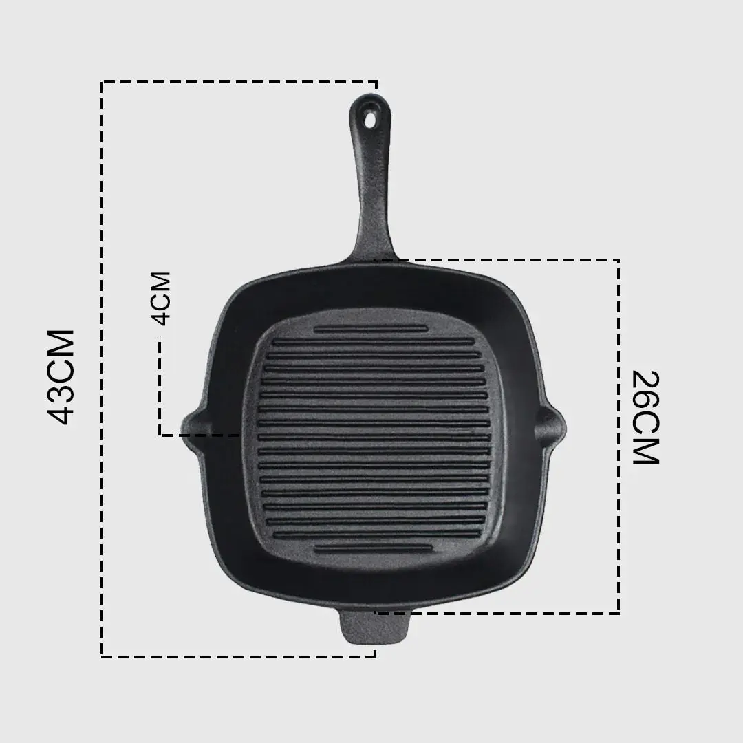 Soga 26cm Square Ribbed Cast Iron Frying Pan SkilletSteak Sizzle Platter with Handle