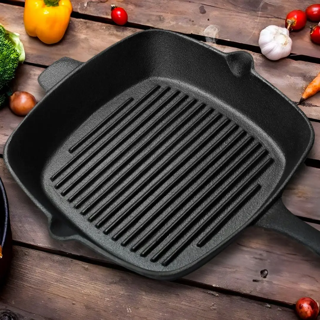 Soga 26cm Square Ribbed Cast Iron Frying Pan SkilletSteak Sizzle Platter with Handle